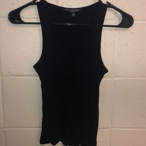 V- neck lace up black tank top